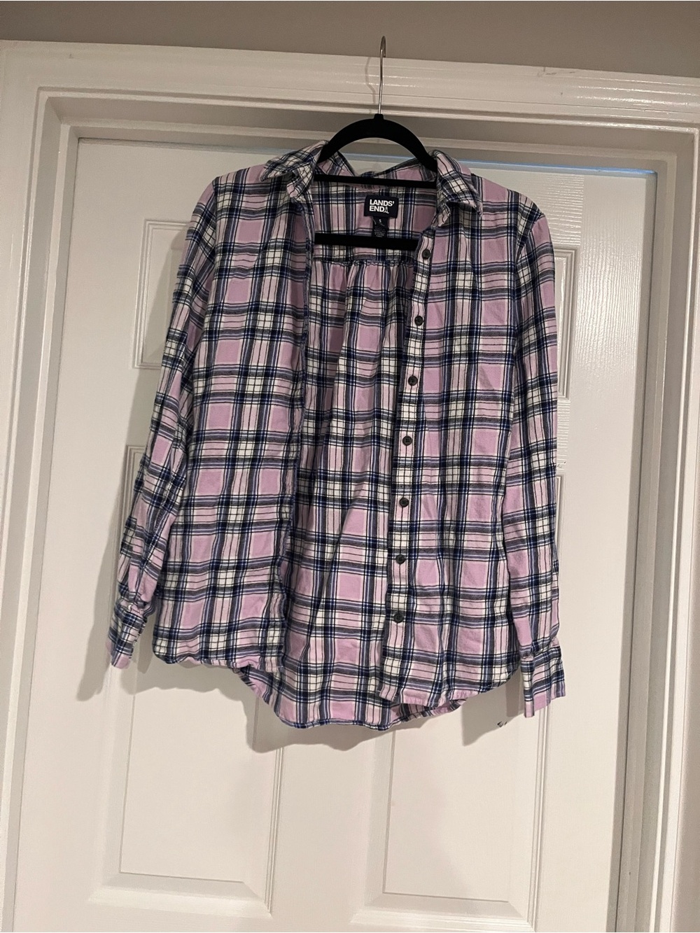 Lands' End Lavender and Blue Plaid Women’s Button-Down Shirt